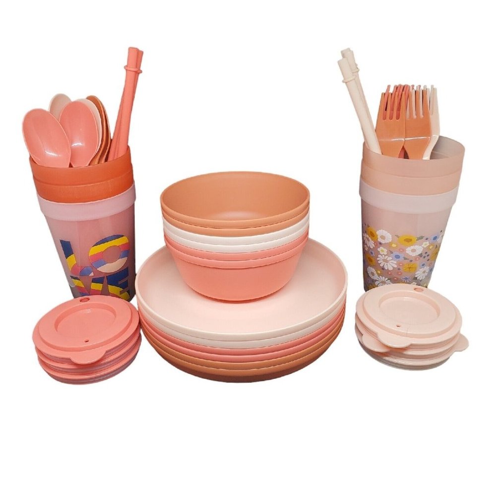Pillowfort Dinnerware and Drinkware Set for 6 Warm Colors BPA Free 42 Pieces